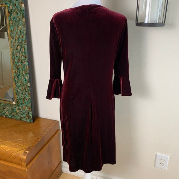 Ralph Lauren XL Velvet Ruched Stretch Dress Wine Red Bell Sleeve Formal Holiday - Picture 3 of 10
